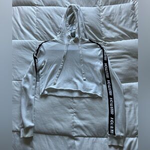 Hollister White Cropped Hoodie with Black Logo Stripes on Arms Women’s XS